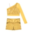 thumbnail image 4 of iiniim Kids Girls Jazz Hip Hop Dance Sequins Mesh Long Sleeve One Shoulder Dance Top with Shorts Gold 16, 4 of 7