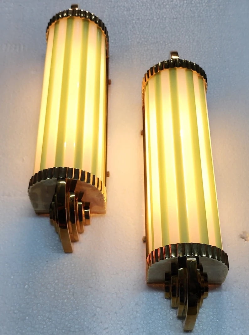 Pair of Vintage Art Deco Skyscraper Wall Sconces – Brass & Opaline Green Milk Glass Rod Lights