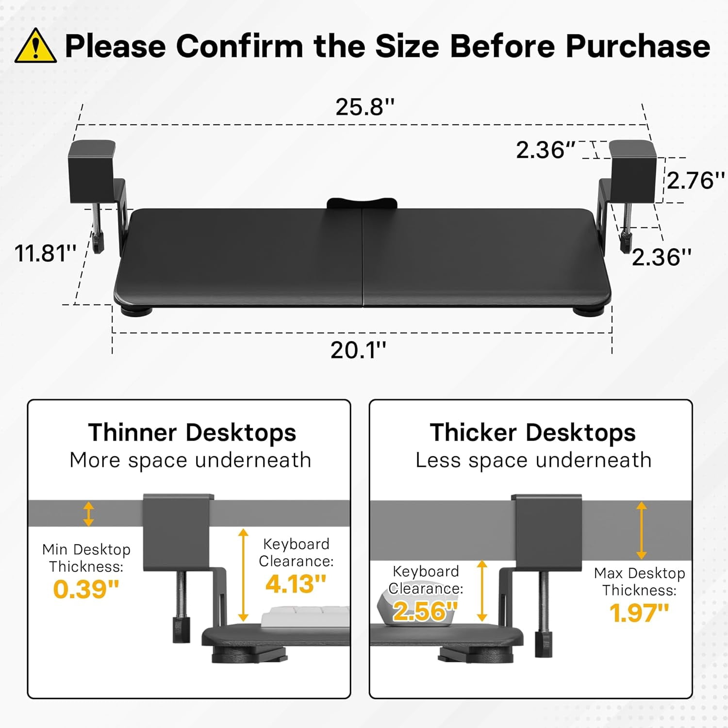 Under Desk Keyboard Tray - 20x11.8 Inch Ergonomic Slide-Out Platform with C-Clamp for Home Office & Gaming, Black Space-Saving Drawer