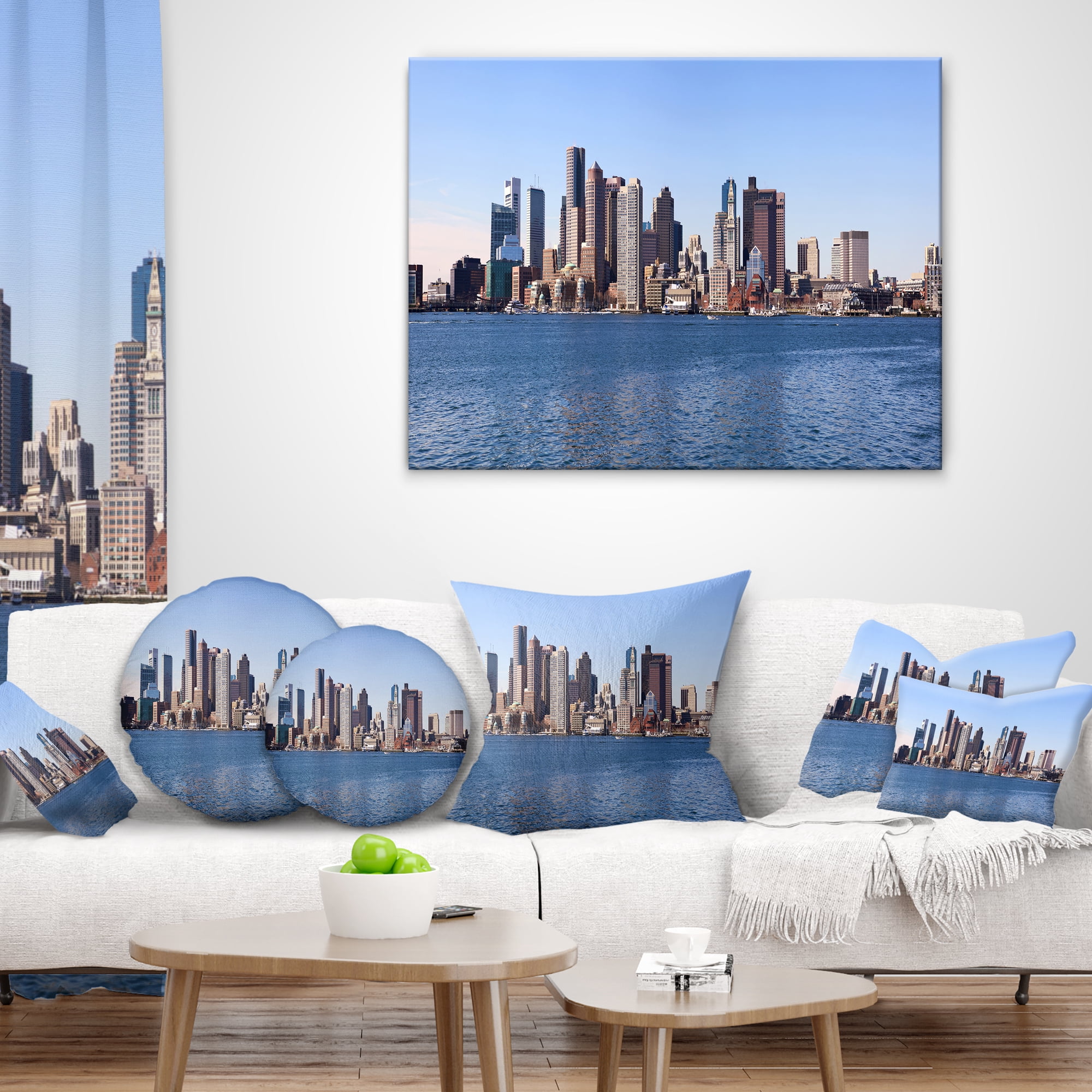Designart Boston Skyline Panorama - Cityscape Photo Throw Pillow - 12x20