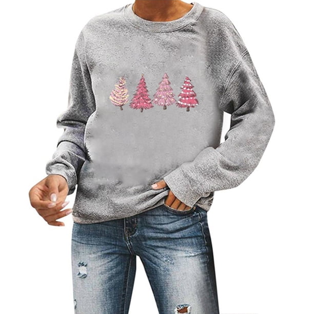 Gibobby Sudaderas navideñas Sudadera de manga larga con cuello redondo y cuello redondo para mujer, ropa deportiva(Plata de plata,XG)