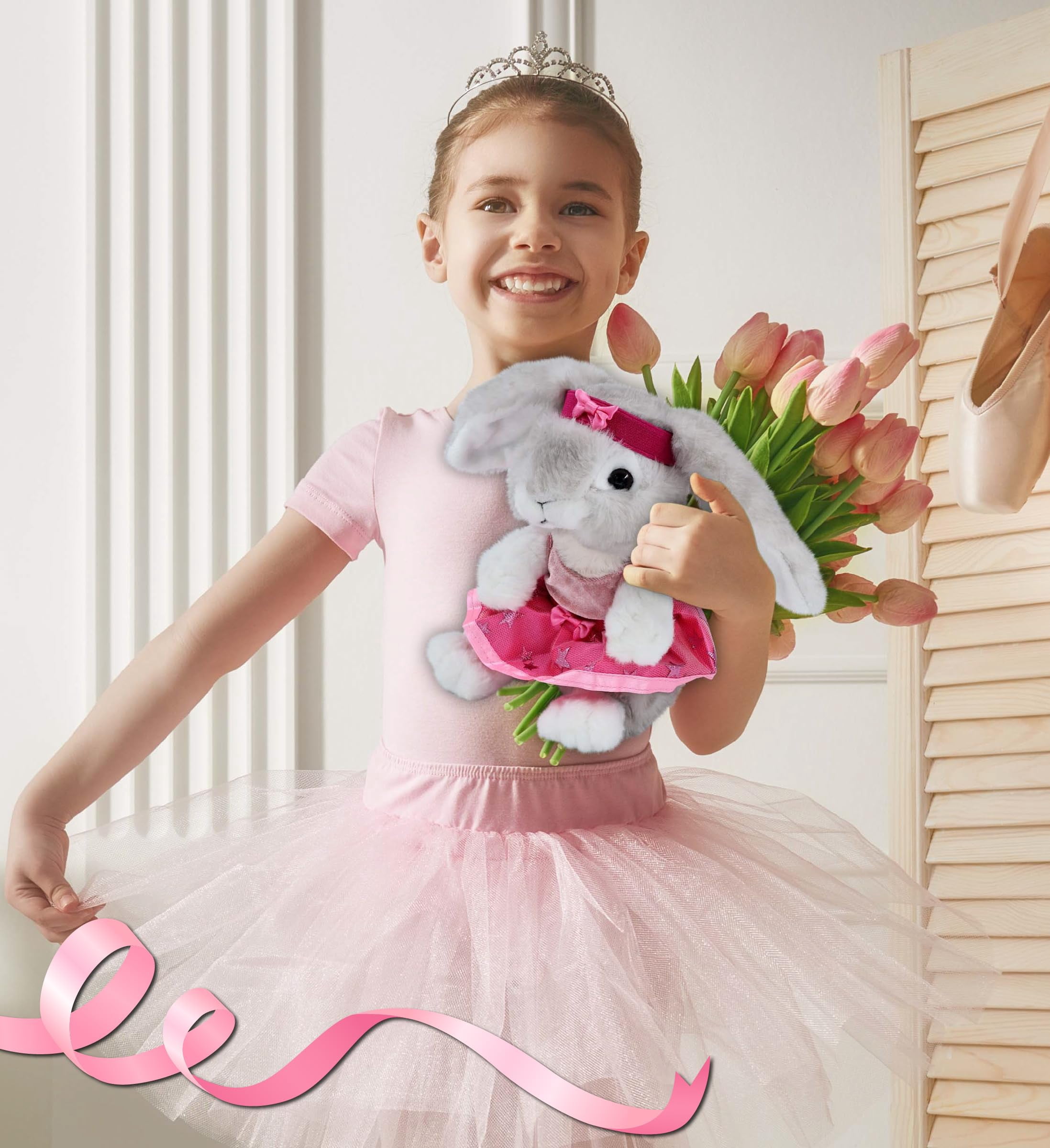 DolliBu Grey Rabbit Stuffed Animal with Ballerina Dress Up Set - Cute Rabbit Plush Toy in Ballet Costume with Tutu Skirt, Headband, and Shirt for Kids and Adults - 6.5 Inches