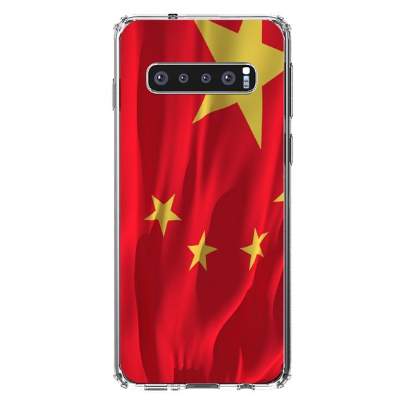 DistinctInk Clear Shockproof Hybrid Case for Samsung Galaxy S10 (6.1" Screen) - TPU Bumper, Acrylic Back, Tempered Glass Screen Protector - China Waving Flag Chinese