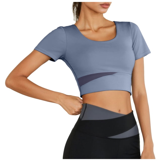 DAFEI Workout Tank Tops for Women Side Ruched Short Sleeve High Neck Crop Top Summer Athletic Gym Shirts