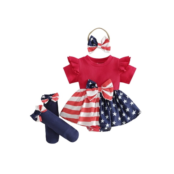 BemeyourBBs Baby Girls 4th of July Outfit Infant Baby Girl Patriot Independence Day Romper Dress Summer Clothes Flying Sleeve Star Stripe Print Bodysuit Playsuit with Socks Headband 3Pcs Set