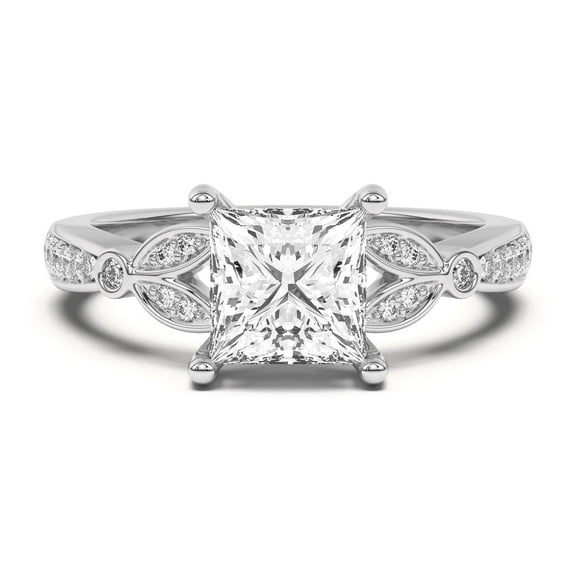 Veda Jewel 1.58 Ct Princess Cut Simulated Diamond Ring - 14K White Gold Plated Leaf Bezel Set Engagement Wedding Solitaire Ring for Women - Daily Wear Diamond Ring - Great Gift for Graduations