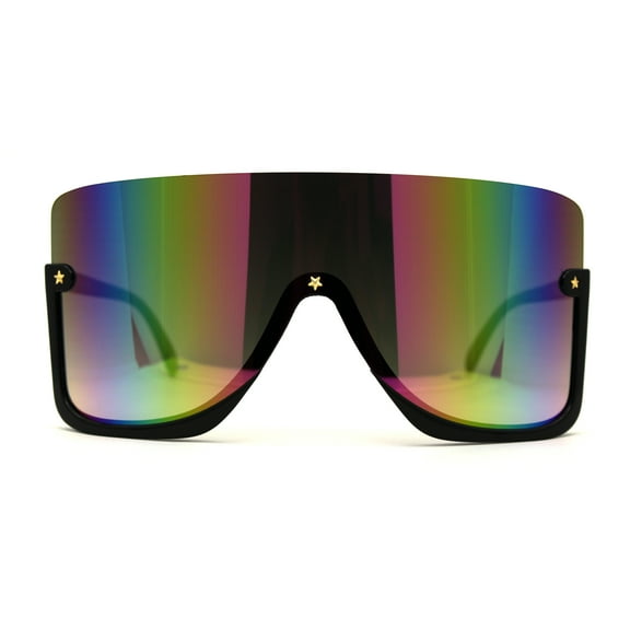 Upside Down Half Rim XL Shield Curved Warp Retro Sunglasses Black Oil Slick Mirror