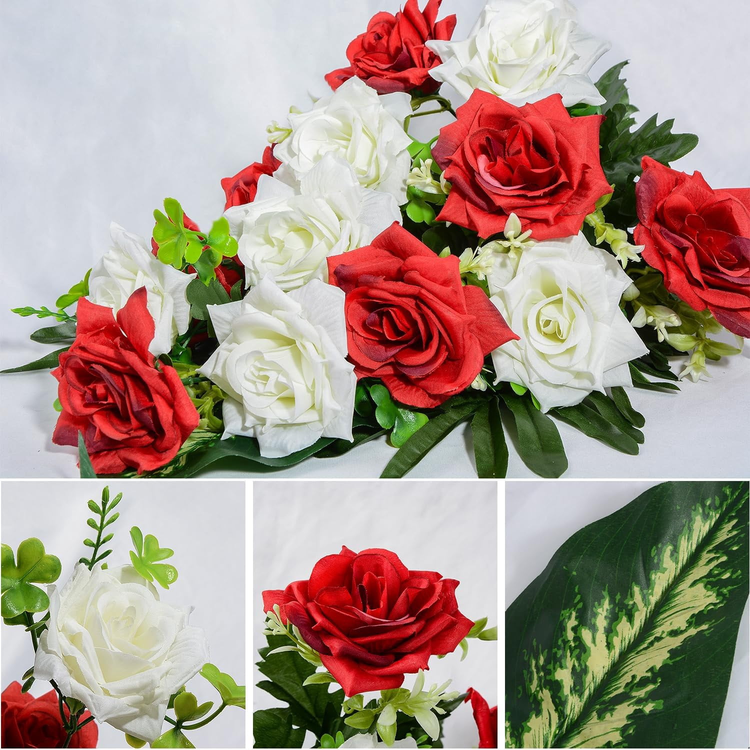 Artificial Cemetery Flowers, Memorial Rose Flowers Grave Decoration Flower Bouquets with Vase for Cemetery Graveyard Headstones Decor, Set of (Red&White)