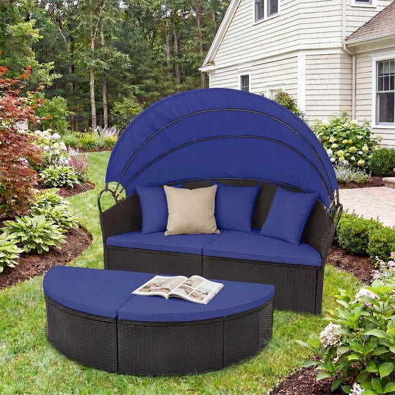 Costway Outdoor Patio Round Daybed with Retractable Canopy Cushions Throw Pillows for Lawn Black+Navy