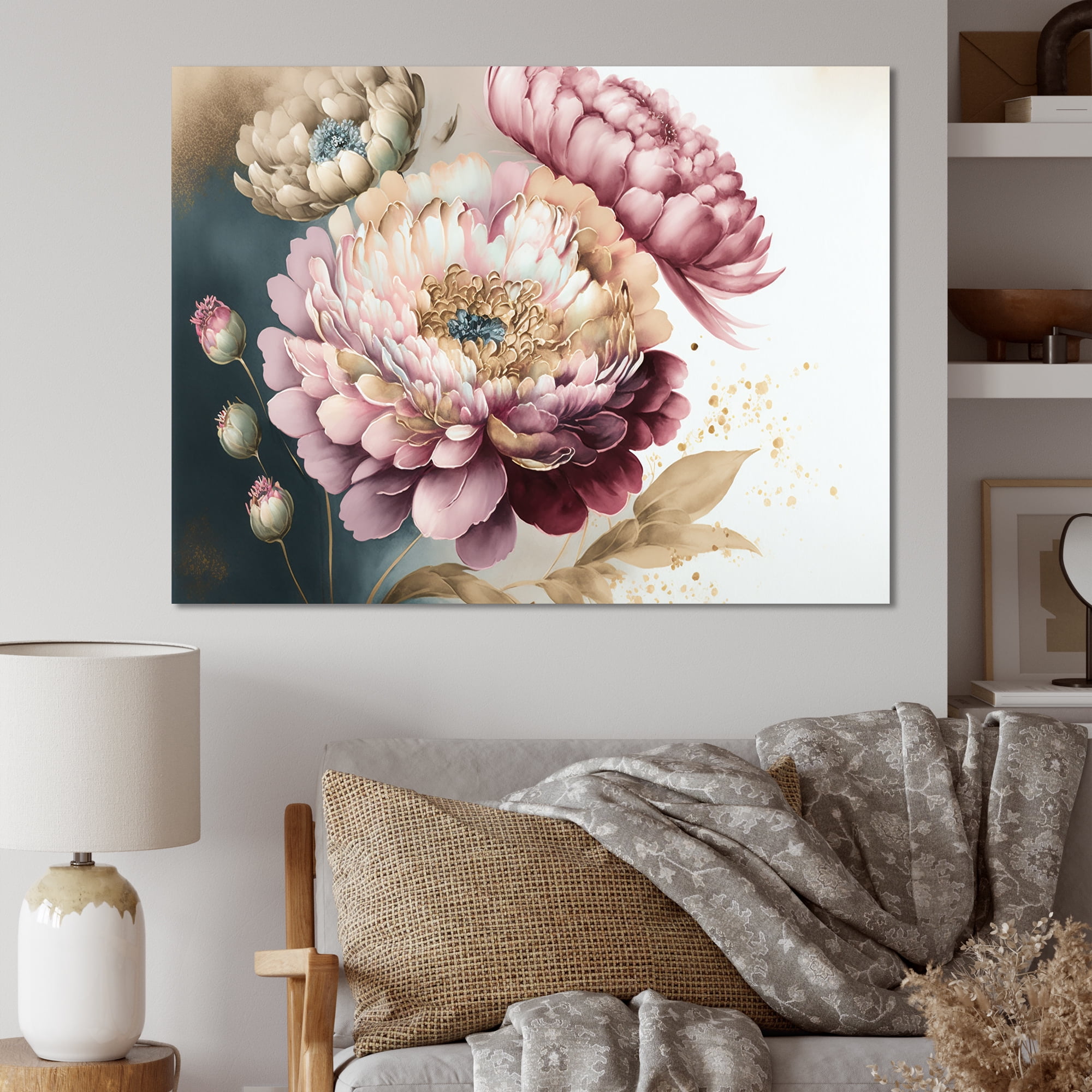 Designart Pink And Gold Zinnia Flowers I Canvas Wall Art