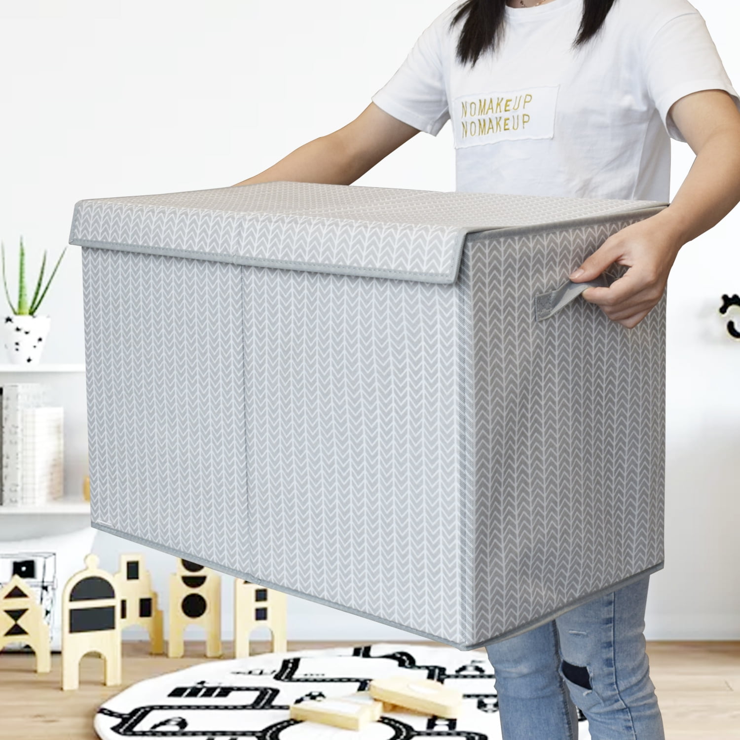 Toy Box Chest Organizer Bins for Boys Girls Kids, Large Collapsible Fabric Storage Container with Flip-Top Lid & Handles for Clothes,Blanket,Nursery,Playroom,Bedroom,Tree Branch Pattern (Gray)