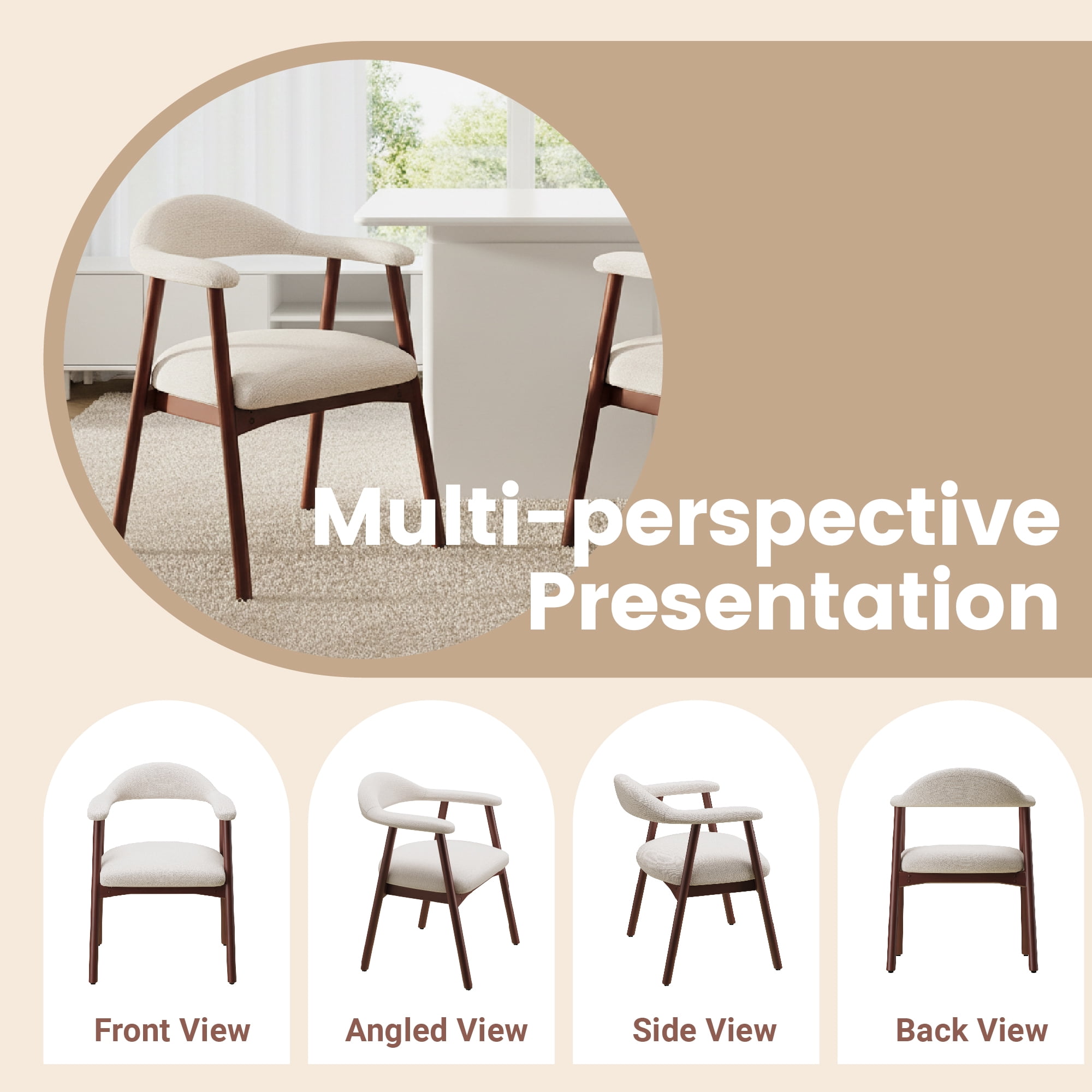 AFO Upholstered Dining Chairs Set of 2, Mid-Century Modern Fabric Kitchen Arm Chairs with Rubberwood Frame, Beige