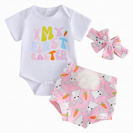 mgoYE Baby Girl Clothes Newborn Infant Baby Girl Easter Outfits Short Sleeve Romper Bunny Onesie + Pompom Shorts Bloomers + Headband 3Pcs(White 0-3 Months)