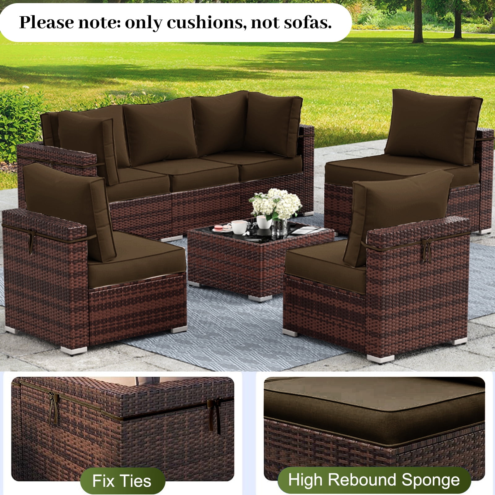 PUKNLY Outdoor Furniture Replacement Cushions, Fits 6-seat Sectional Rattan Conversation Set, 14 Piece Patio Water-Resistant Replacement Sofa Cushions, Liner&Cover（Brown）