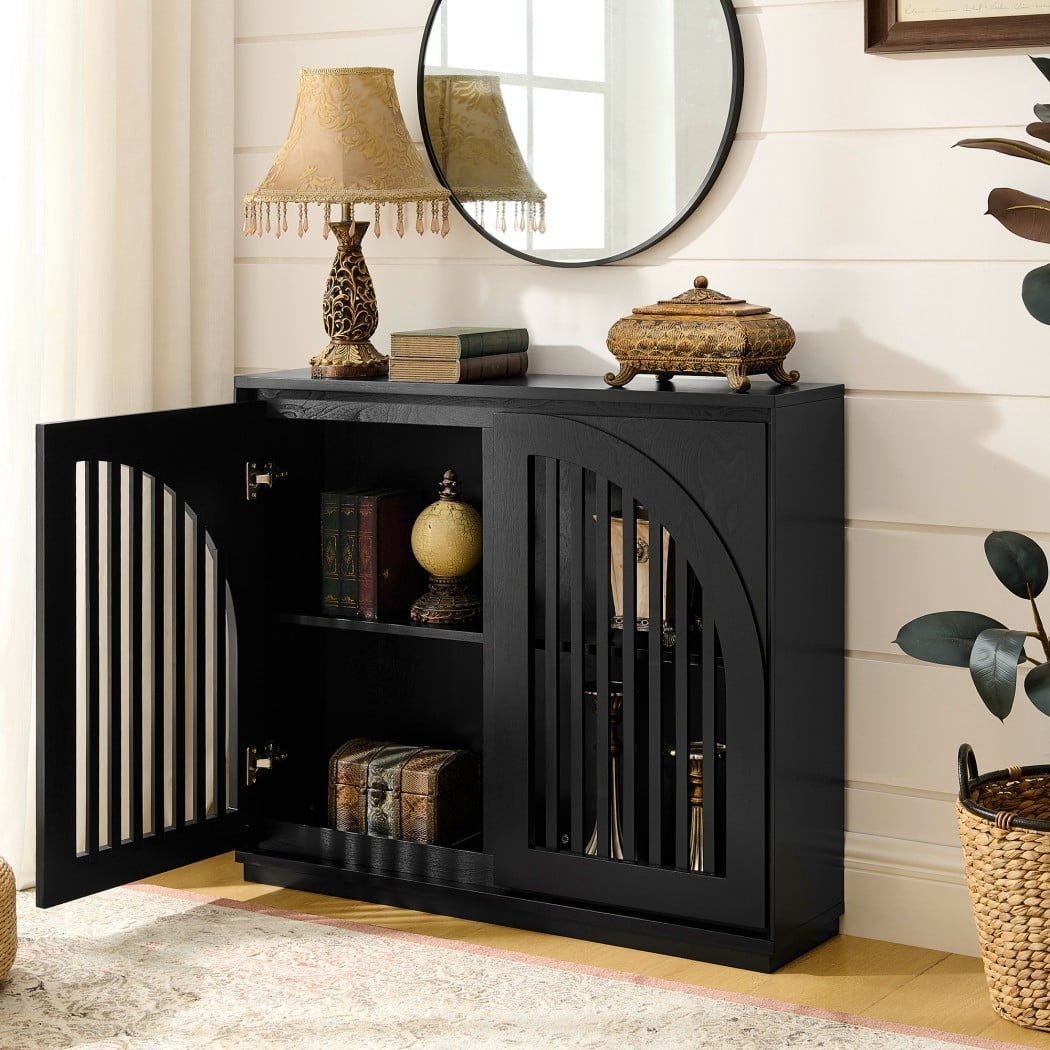 Mid Century Modern Fluted Sideboard Cabinet, Buffet Cabinet with 2 Outlet Holes, Storage Cabinet for Living Room, Entryway, Kitchen & Coffee Bar, Black