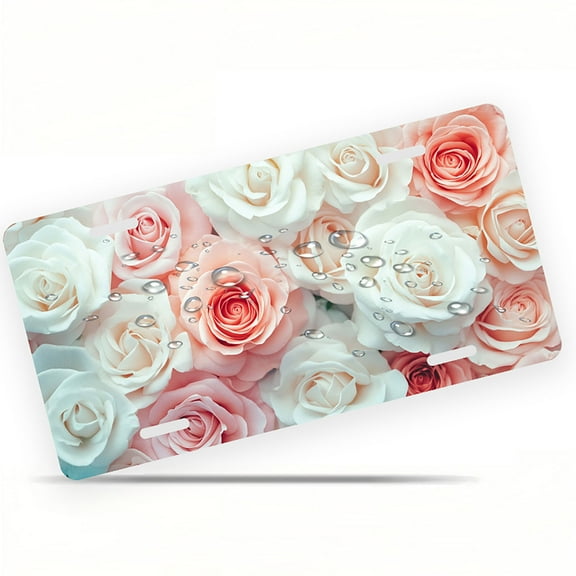 License Plate, Blush and White Roses Decorative Front,Personalized Stainless Steel License Plate Cover For Men Women,12.2" X 6.2"