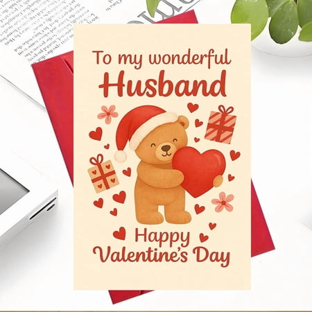 Valentine s Day Card for Husband – Cute Bear Holding Heart Design – Envelope Included Blank Inside – Perfect Love Card for Romantic Gift