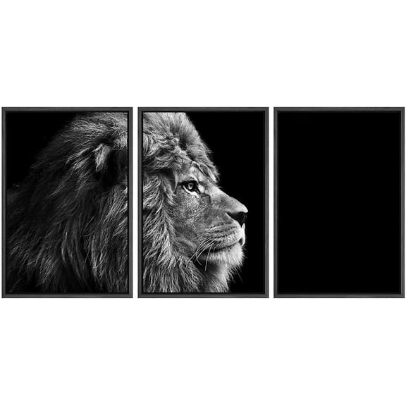 wall26 - 3 Panel Framed Canvas Wall Art - Lion Head on Black Background - Giclee Print Gallery Wrap Modern Home Art Ready to Hang - 24"x36"x3 BLACK