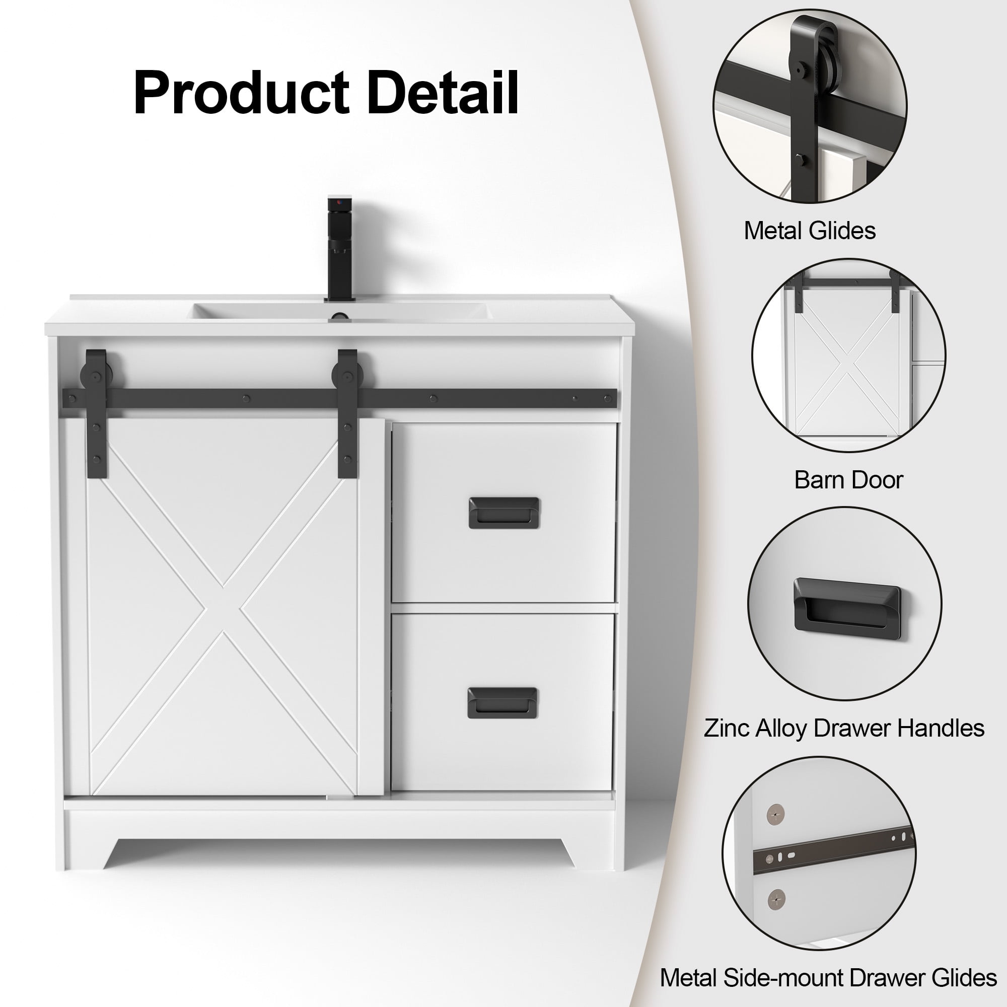 Eclife Single Bathroom Vanity Base Cabinet Farmhouse Sliding Barn Door Without Sink Top 36 Inch