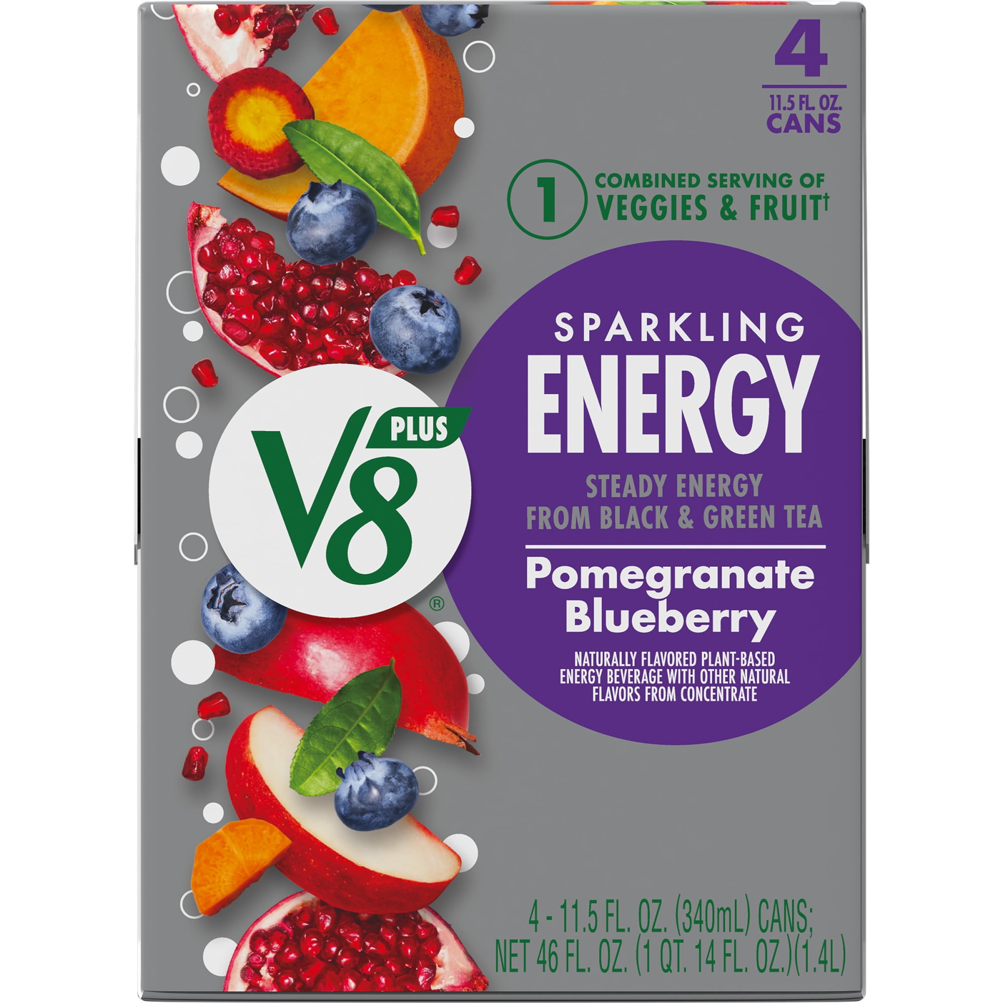 (6 pack) V8 +Energy Sparkling Pomegranate Blueberry Juice Energy Drink, 11.5 fl oz Can, 24 Count (6 Packs of 4)