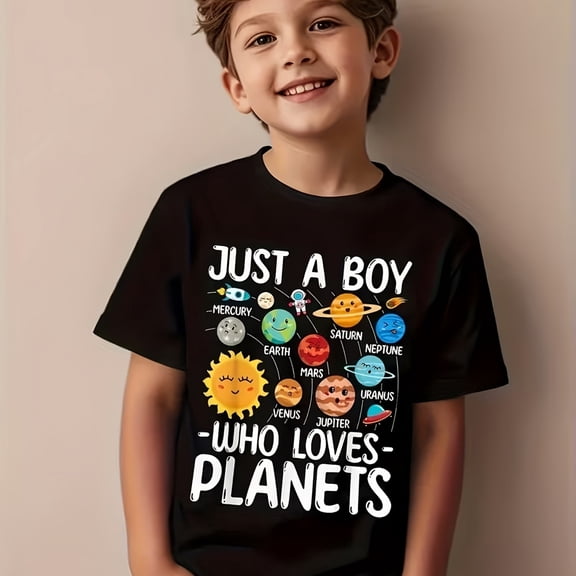 Funny "Just a Boy Who Loves Planets" Astronomy Graphic Design Boys T-Shirt, T-Shirt for Kids Youth, 180gsm, 100% Cotton