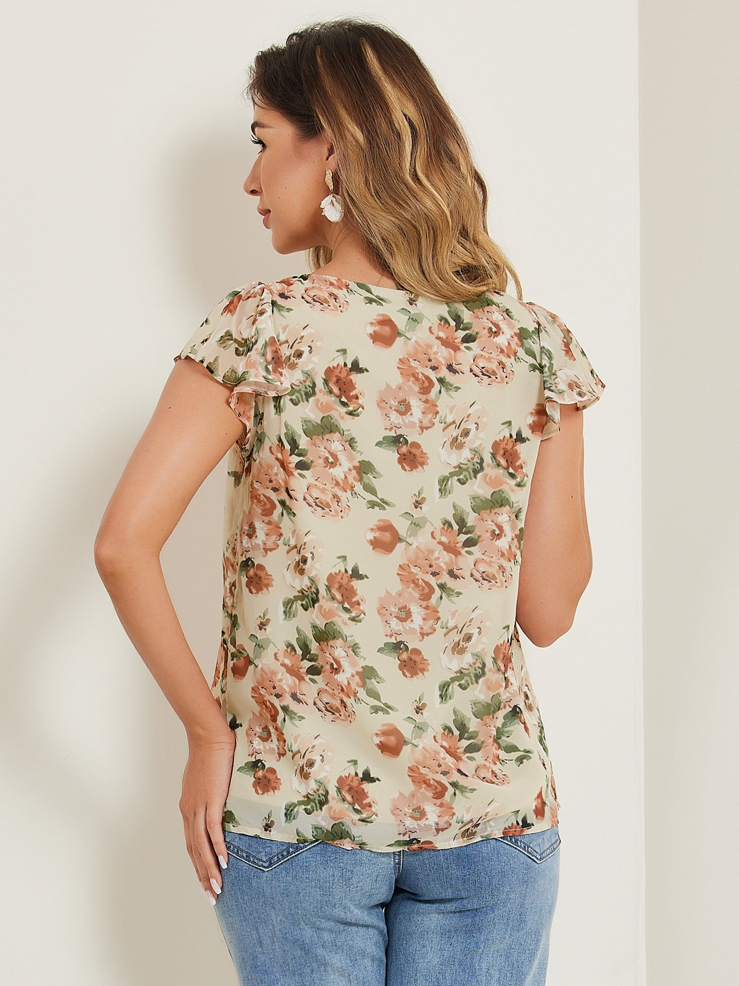 DARING DIVA Women's Floral Ruffle Sleeve Chiffon Blouse Top L Beige Pink