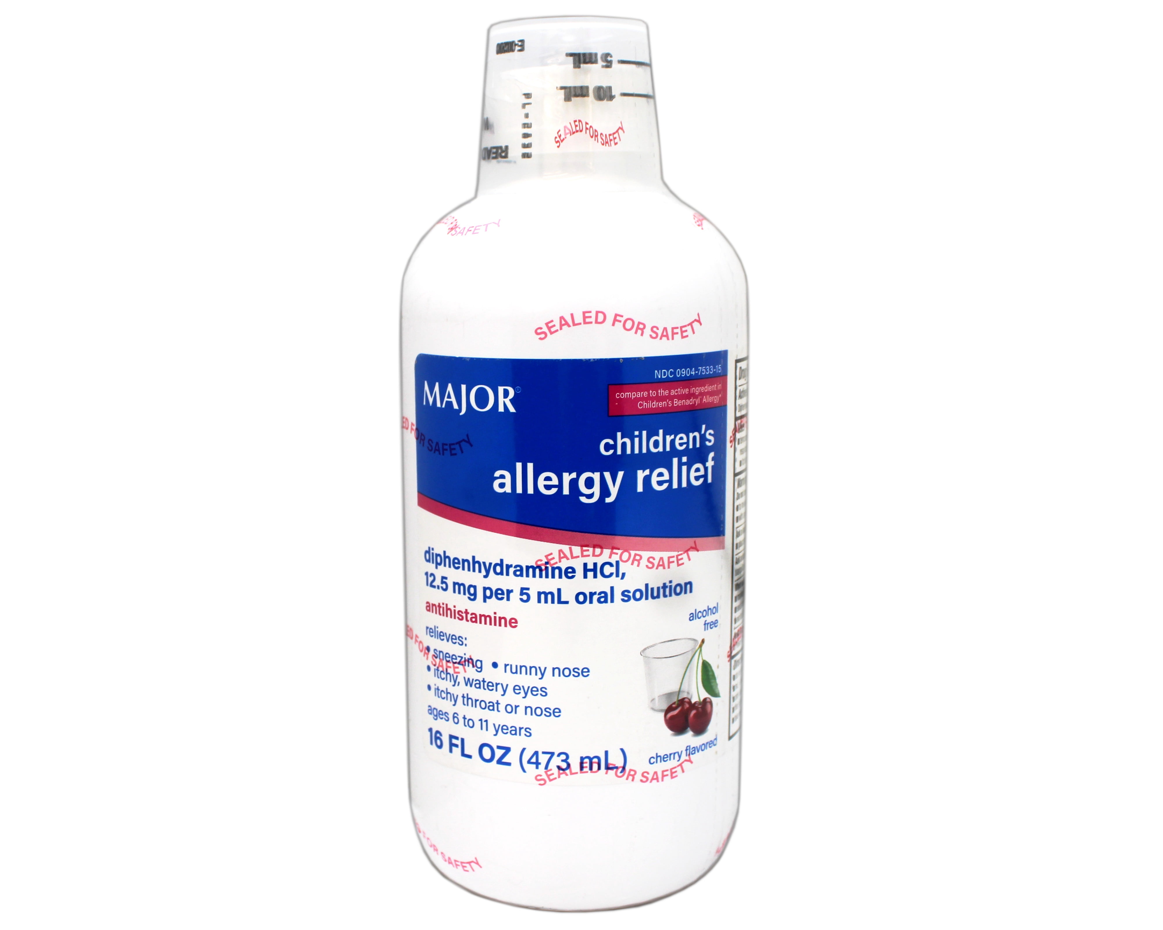 Major Children's Allergy Relief Diphenhydramine HCI 12.5mg/5 mL Oral Solution, Cherry Flavored, 16 FL OZ - 6 Pack