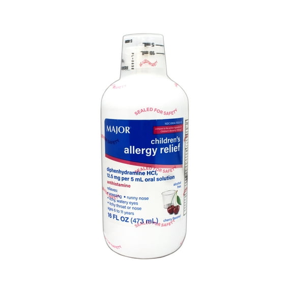 Major Children's Allergy Relief Diphenhydramine HCI 12.5mg/5 mL Oral Solution, Cherry Flavored, 16 FL OZ
