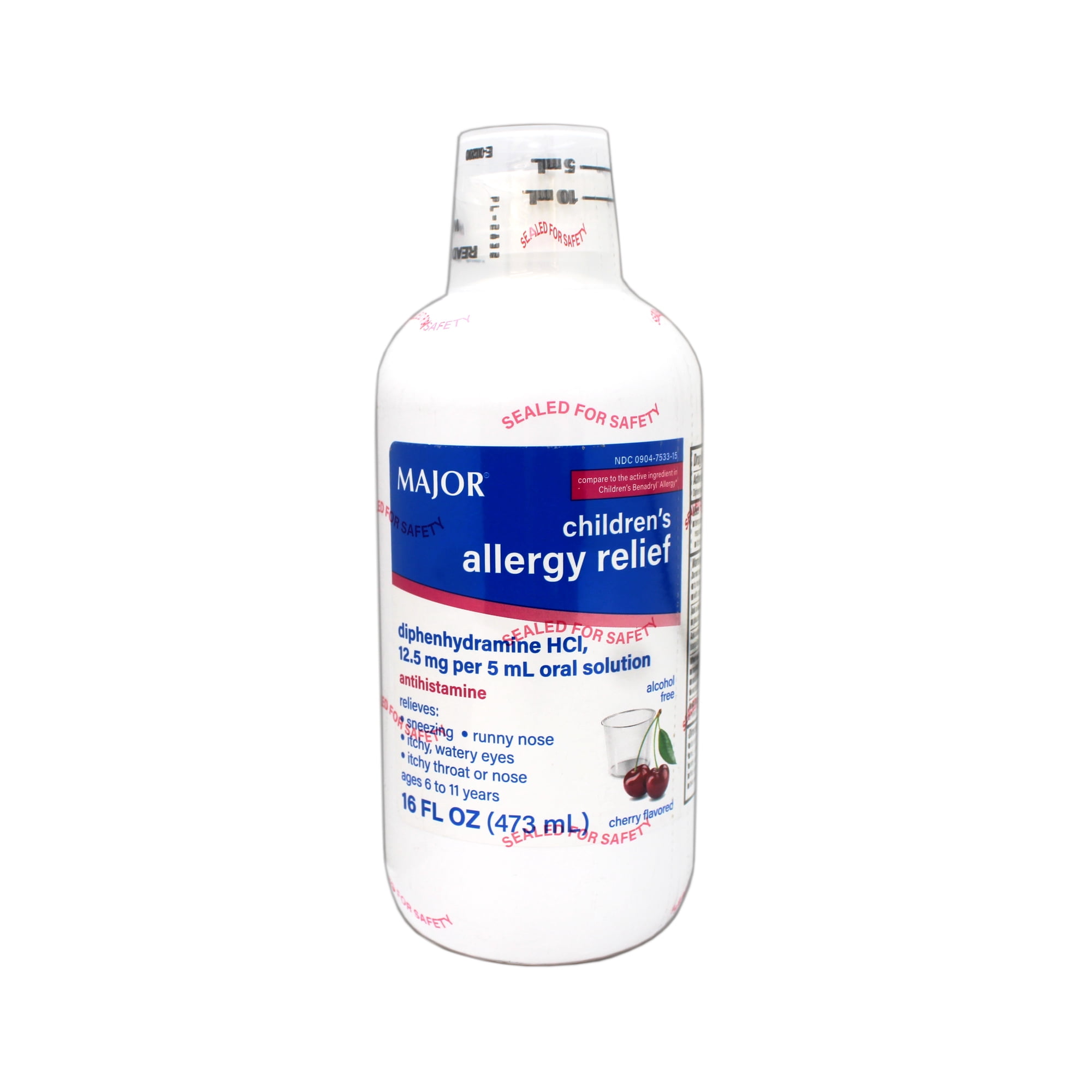 Major Diphenhydramine HCI 12.5mg/5 mL Oral Solution - Cherry Flavored - Alcohol Free - 16 Ounce