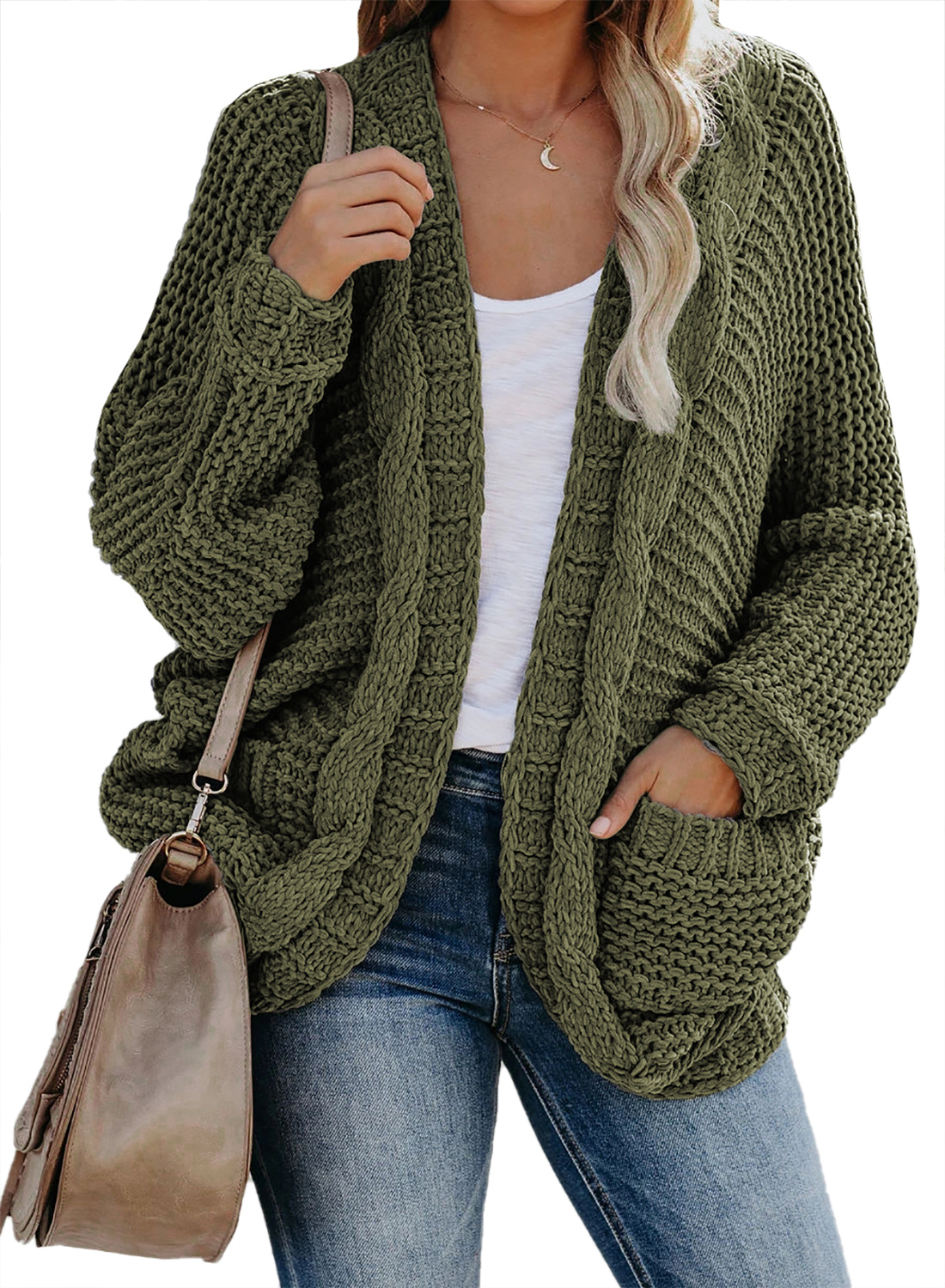 Asvivid Women's Chunky Cable Knit Cardigan Open Front Sweaters Long