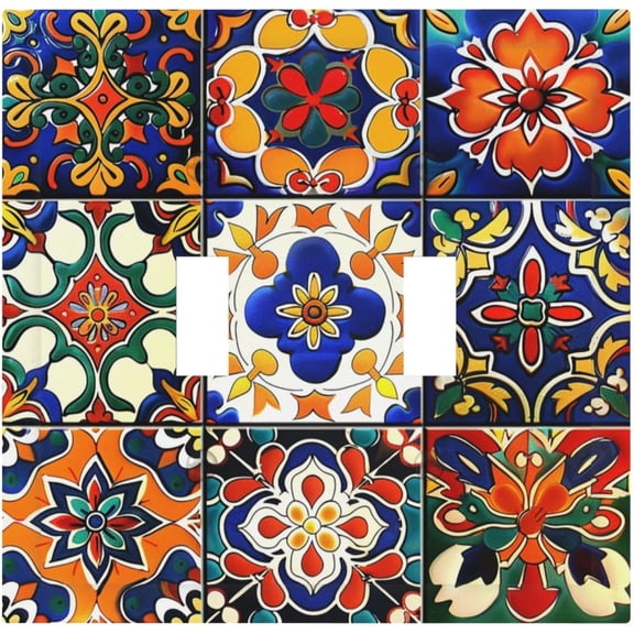 Decorative Switch Plates Colorful Mexican Talavera Vintage Boho Floral 2 Gang Double Toggle Outlet Light Switch Cover Wall Plate Electrical Faceplate For Farmhouse Cabin Decor