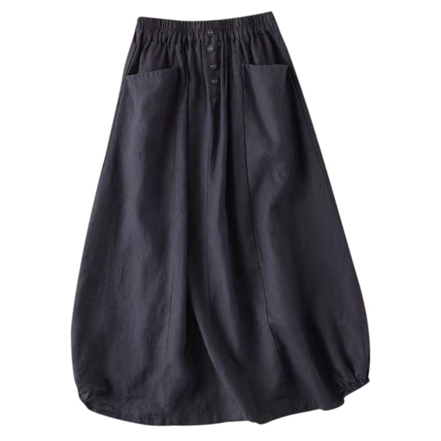 Women's Fashion Vintage Linen Mid Length High Waisted A Line Skirt - Flaxoid Material, High Waisted Elastic Design - Cute Vintage Style for Spring/Summer