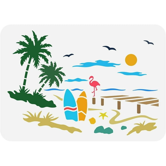 Beach Scenery Stencil 8.3x11.7 inch Ocean Beach Stencil Template Plastic Coconut Trees Seagulls Flamingo Shells Pattern Painting Stencil Reusable Stencil