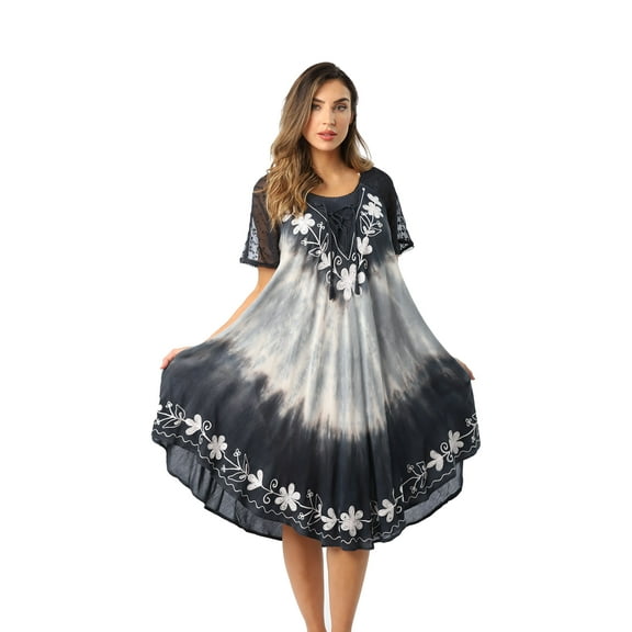 Riviera Sun Tie Dye Summer Dress with Raglan Eyelet Sleeve & Embroidery (Charcoal / Grey, Small)