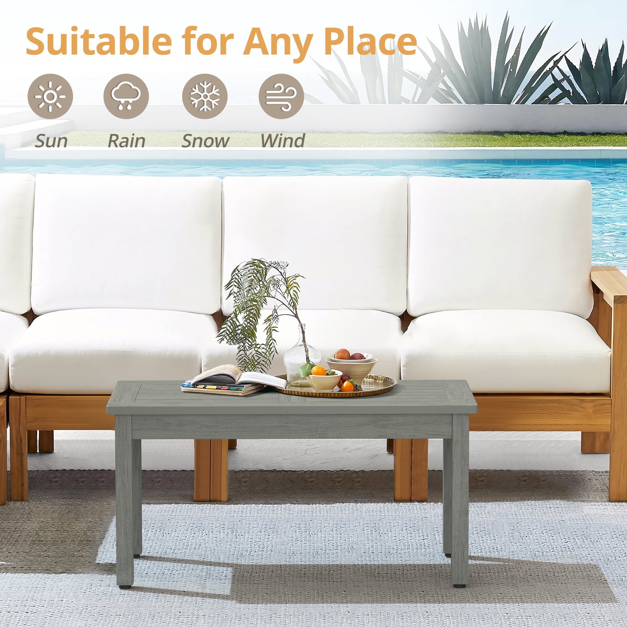 LUE BONA Outdoor Coffee Table Rectangle, HDPS Patio Tables for Outside, 17.7"x 35"x17.7", Light Gray
