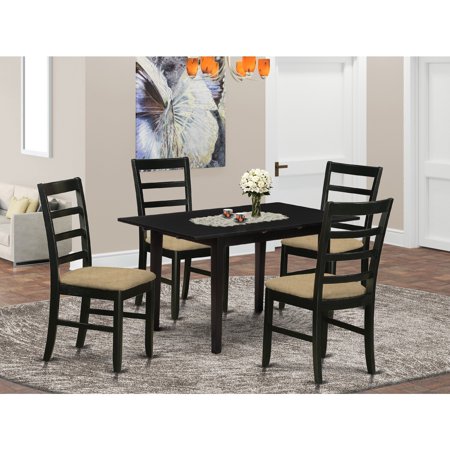 HomeStock Victorian Elegance 5-Piece Dining Table Set Wood Dining Chair With Ladder Back & A Linen Fabric Seat & Butterfly Leaf Dining Room Table With Top & 4 Legs- Black