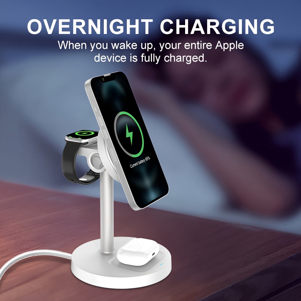 YIYUN 3-in-1 Magnetic Wireless Charger Stand – Cooling, Adjustable, for iPhone, Apple Watch & AirPods (White).