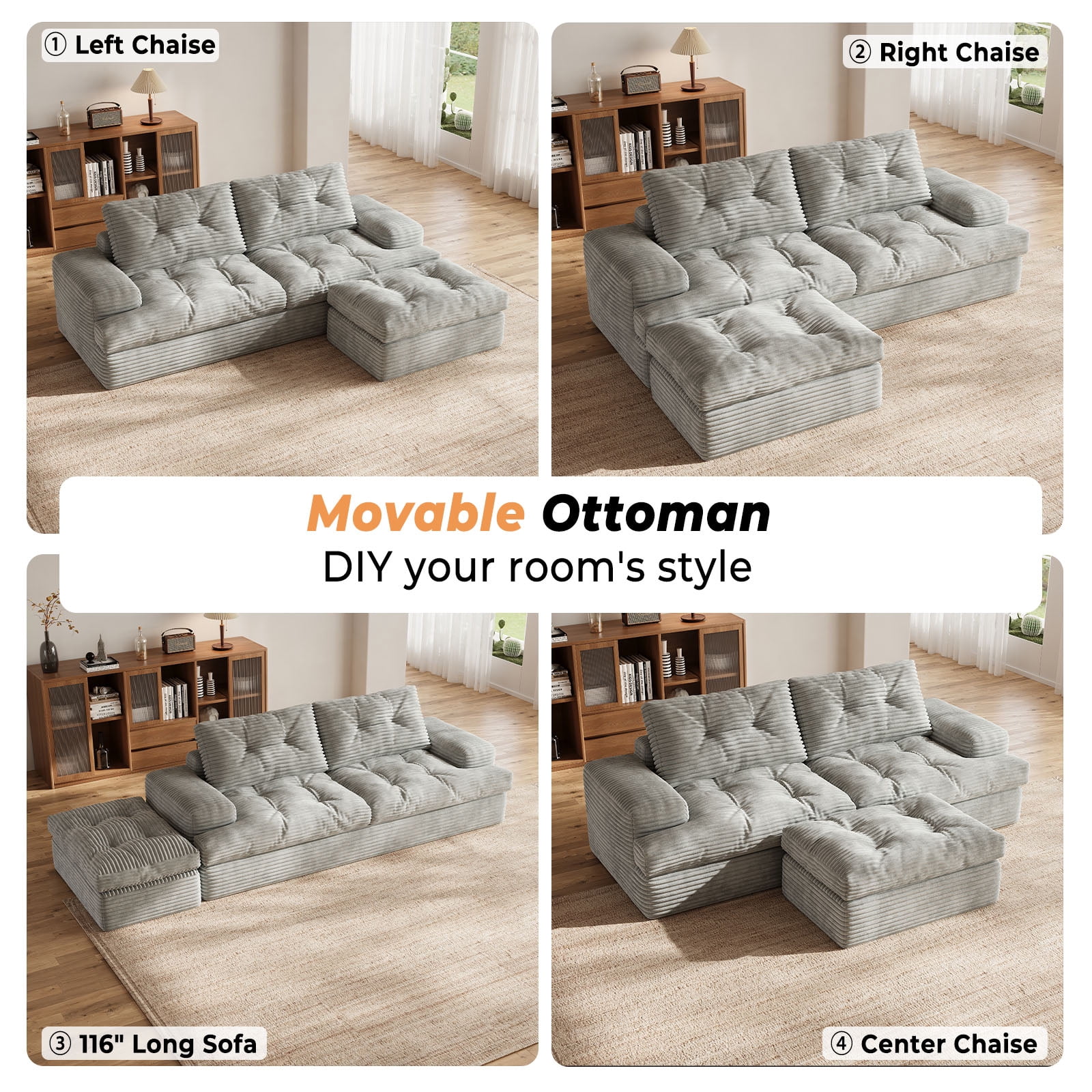 85" Modular Sectional Sofa for Living Room, L-Shaped Corduroy Cloud Couch with Ottoman, Two-Layer Cushion, No Assembly Boneless Sofa, Gray