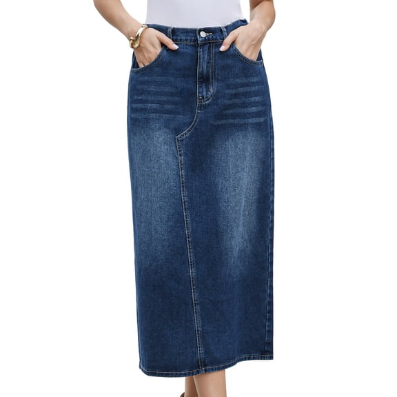 DARING DIVA Women's Midi Length Split Back Long Jean Skirts X-Small Dark Blue