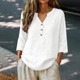 thumbnail image 2 of MVRLSH Womens Tops Shirts Blouse Casual 3/4 Sleeve V Neck Button Solid Plus Size Breathable Summer Top Loose Fit Linen Blouses White - XXXXL, 2 of 7