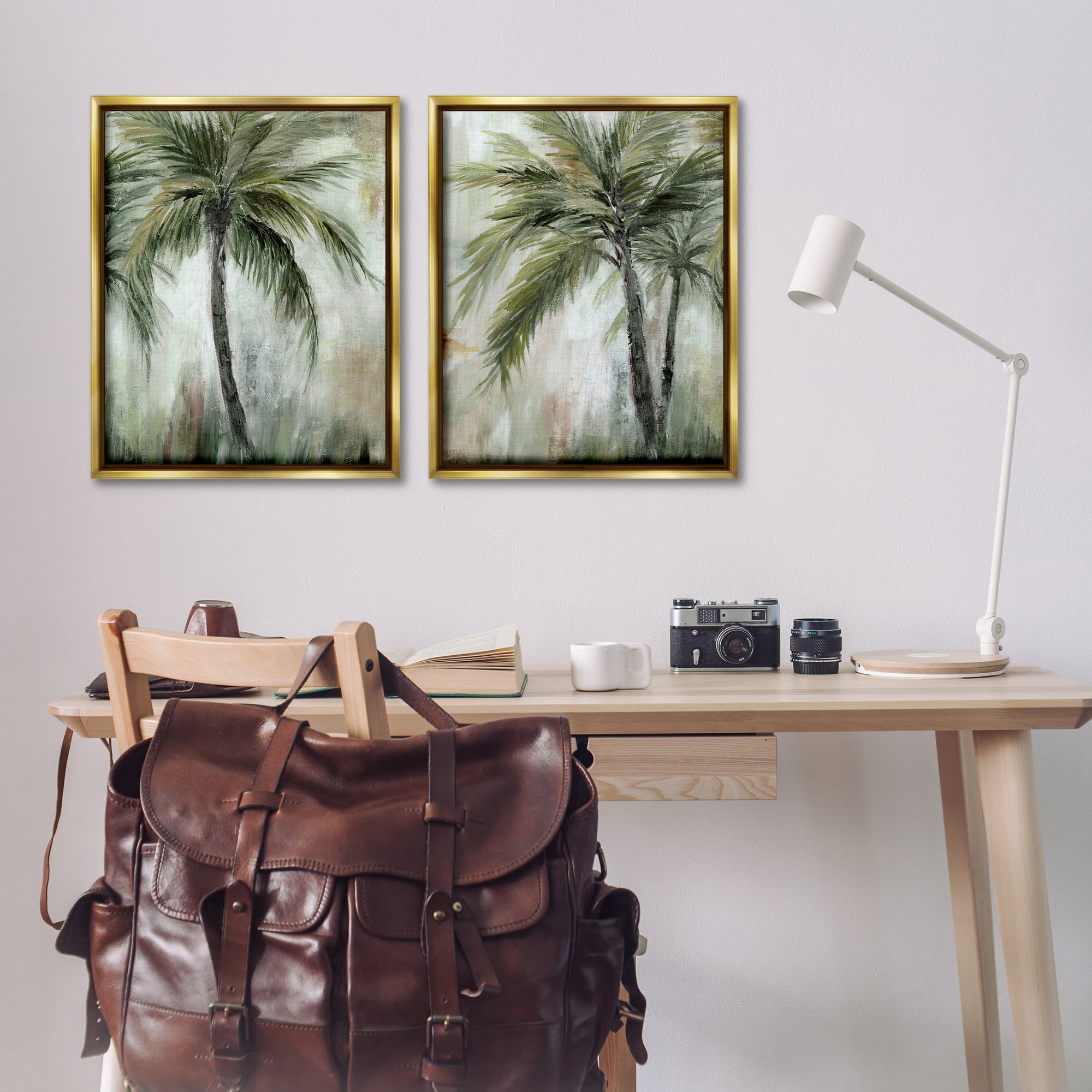 Stupell Industries Palm Trees Impressions Plants & Flowers Painting Gold Floater Framed Canvas Art Print Wall Art, 31 x 25, Set of 2