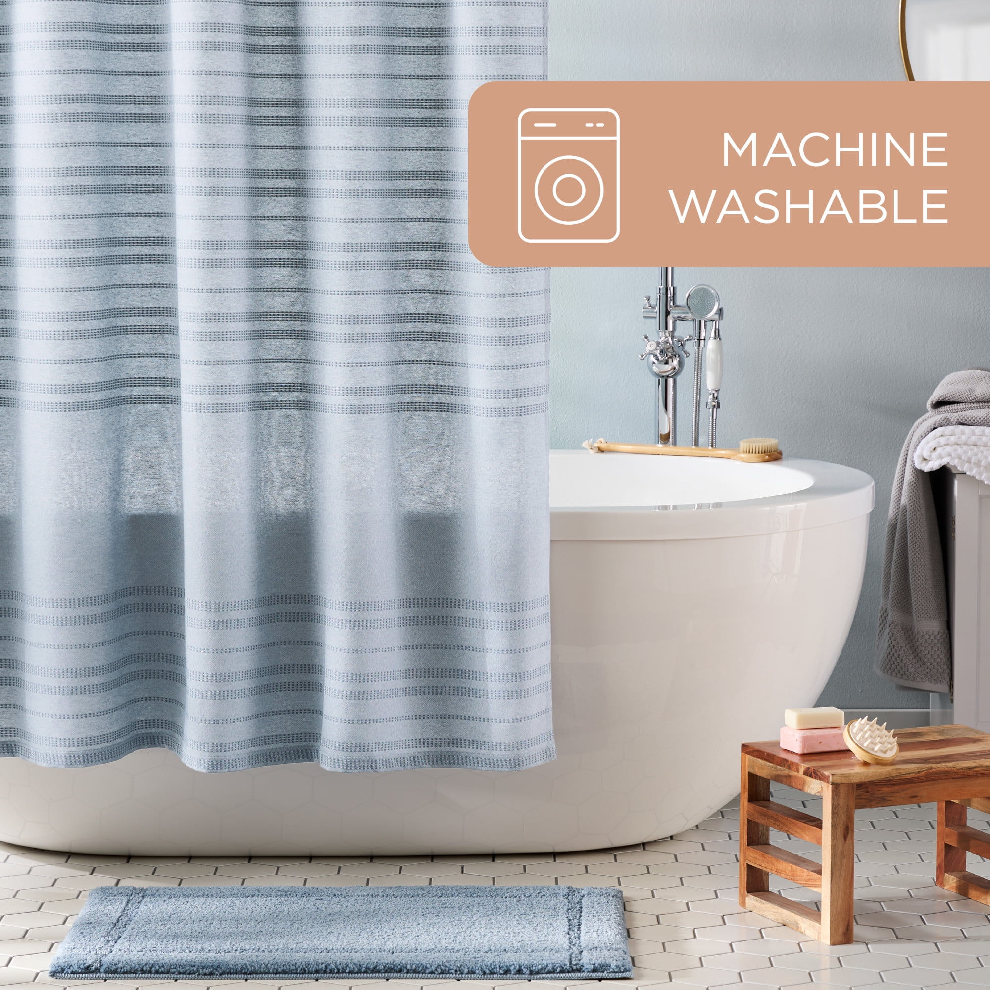 TOWN & COUNTRY EVERYDAY Sophia Textured Solid Cotton-Rich Breathable Fabric Shower Curtain with Reinforced Buttonhole Top Hem, Blue, 70"x72"