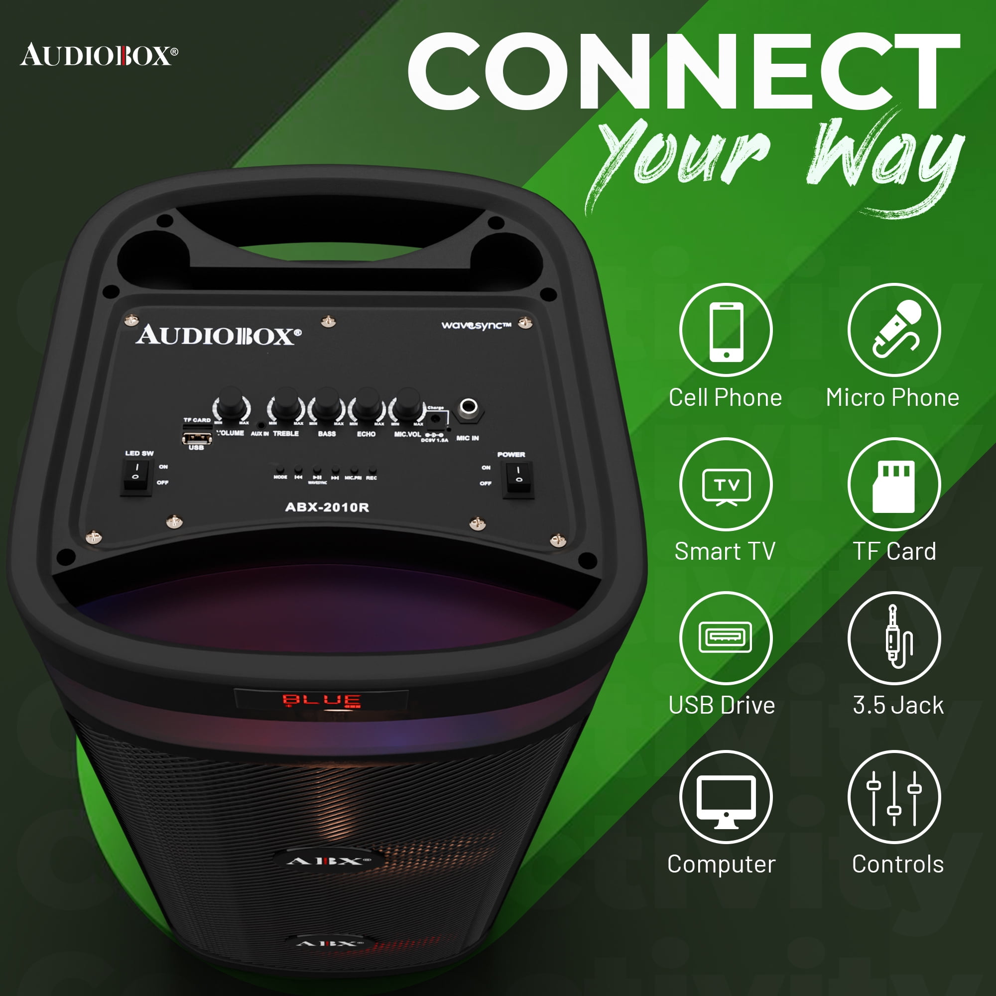 Audiobox ABX-2010R Dual 10" Party Bluetooth Speaker - Portable Karaoke Machine with Bluetooth, USB, TF Card, FM Radio, and Wired Microphone - Ideal for Parties and Events