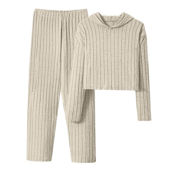 Toddler Kid Girls Fall Outfits Ribbed Solid Color Long Sleeve Hoodie Sweatsuit Set Clothes
