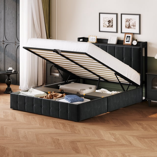Full & Queen Size Metal Platform Bed Frame, Button Tufted Upholstered Headboard with Hydraulic Lift Underbed Storage, Heavy Duty No Box Spring Required Bed Base for Bedroom