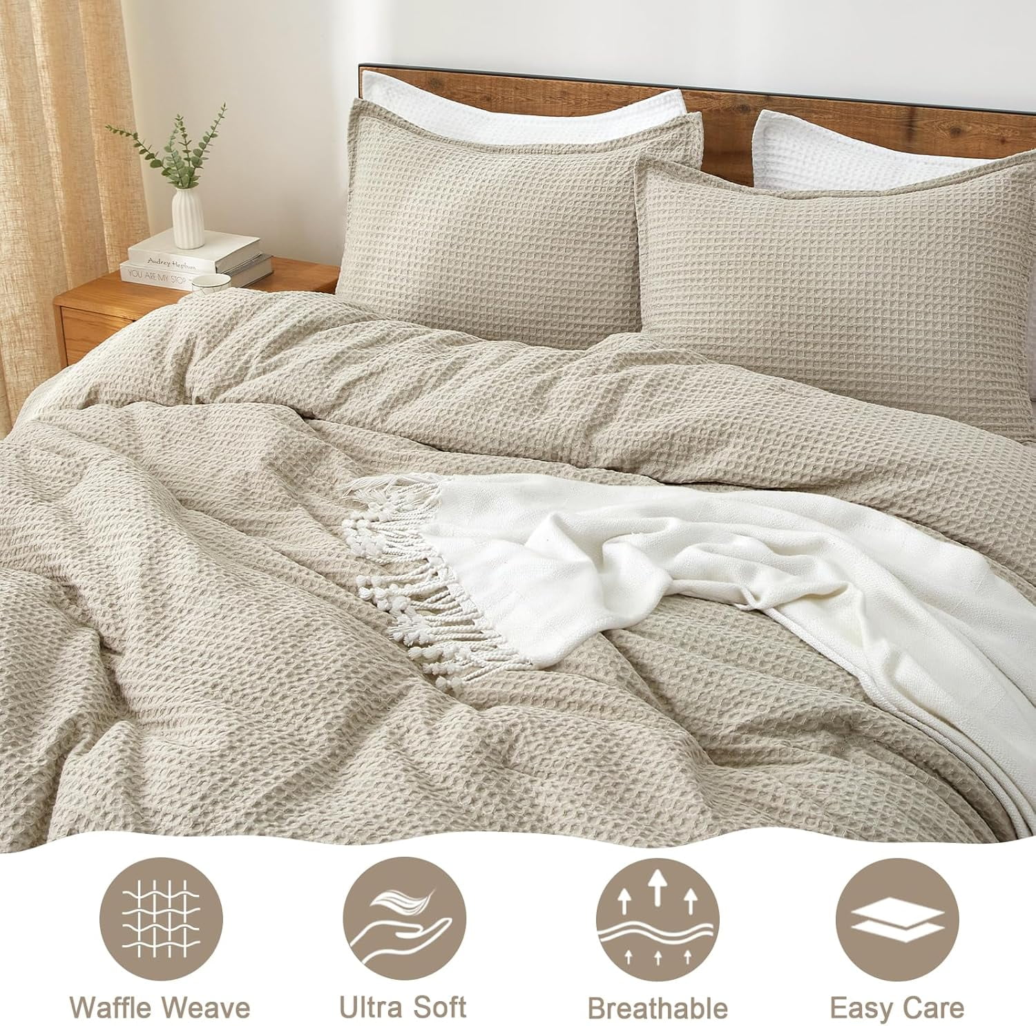 PHF 3-Piece Waffle Weave Comforter Set Queen Size, Lightweight Comfy Bedding Set for All Season, Ultra Soft Textured 1 Comforter with 2 Pillow Shams, Linen