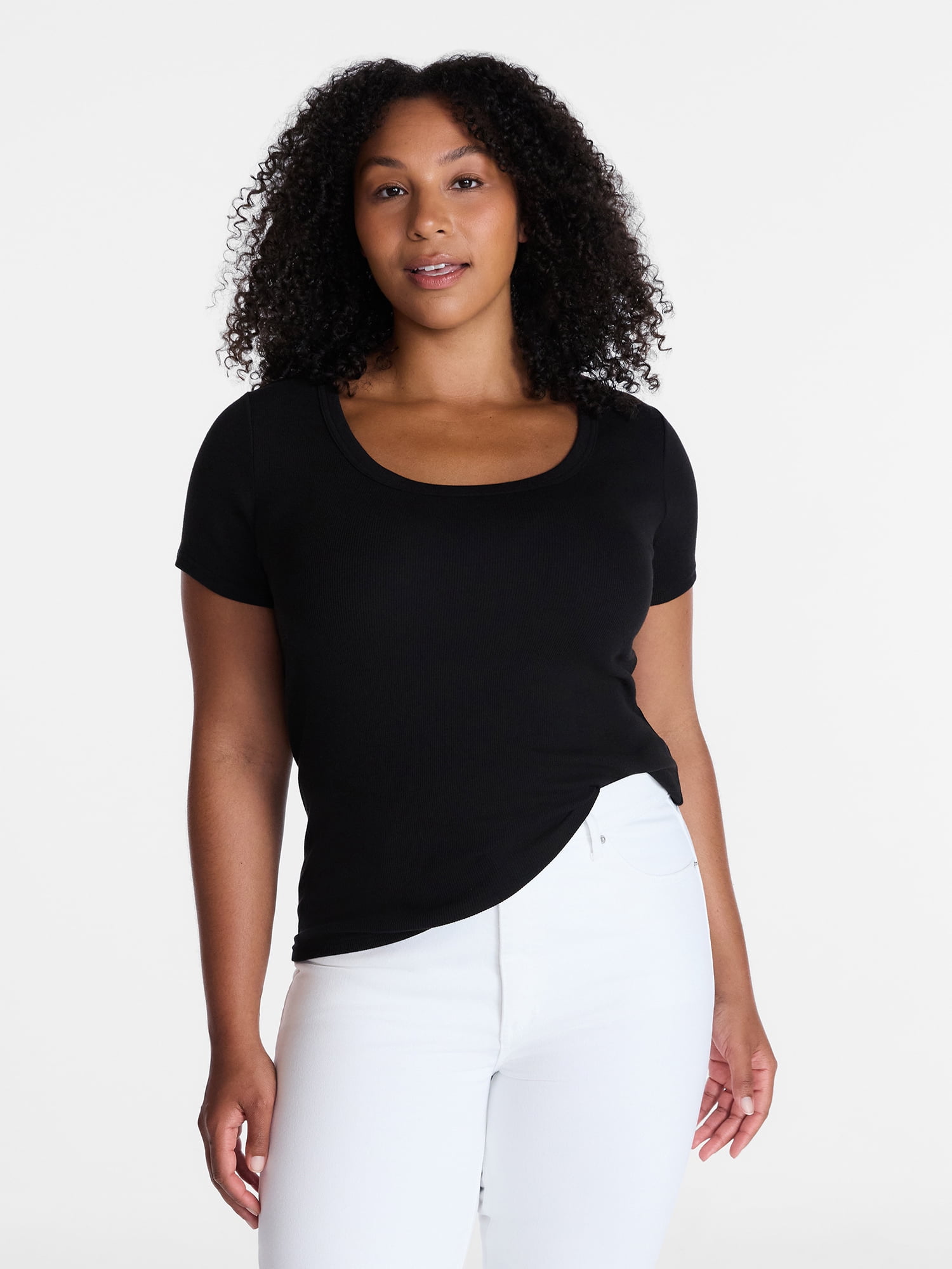Time and Tru Women's Ribbed Scoop Neck Tee with Short Sleeves, Sizes XS-XXXL