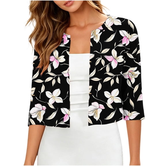 QSAWXQZ Women's Shrugs Cardigan Floral Print Open Front 3/4 Sleeve Crew Neck Summer Casual Boleros 2XL