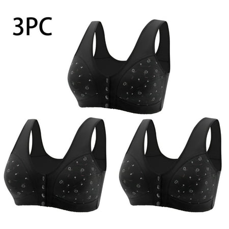 3PC Comfy Bra Comfy Bras Everyday Bras for Women Womens Bras No Underwire 3PC Women Middle-Aged and Elderly Printed Front Buckle without Steel Ring Underwear Soft Large Size Underwear Bra