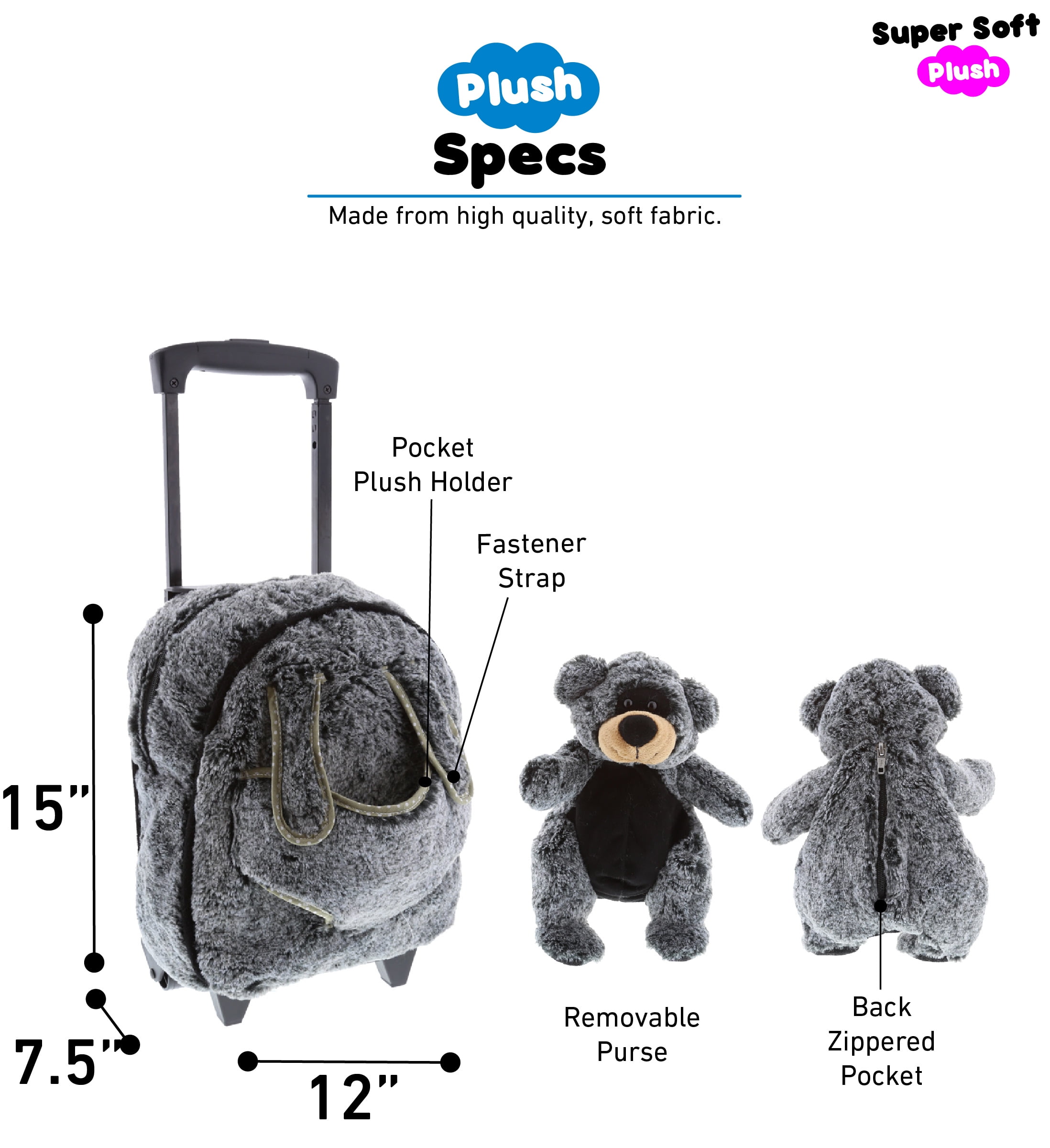 DolliBu Black Bear Plush Trolley & Purse Set - 3-in-1 Kids